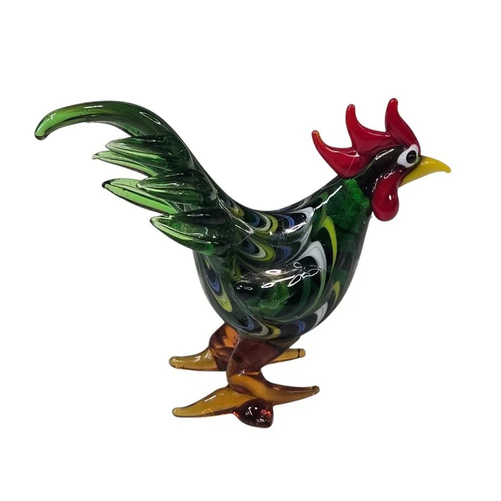 Pier 1 Imports Ranger the Rooster Glass Figurine Farm Bird Green Red with Box